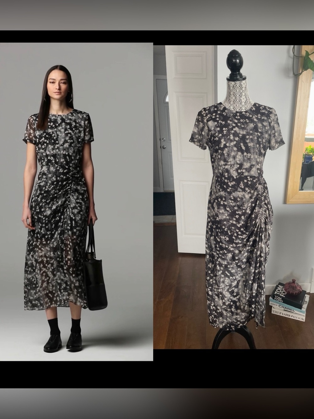 Vera Wang Floral Front Ruched Abstract Midi Dress. Small
